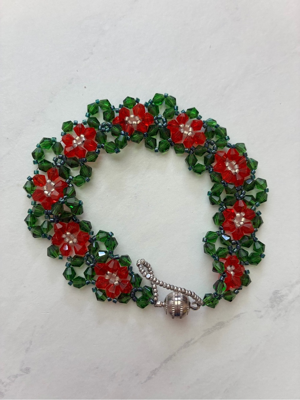 Handcrafted Red & Green Beaded Floral Bracelet